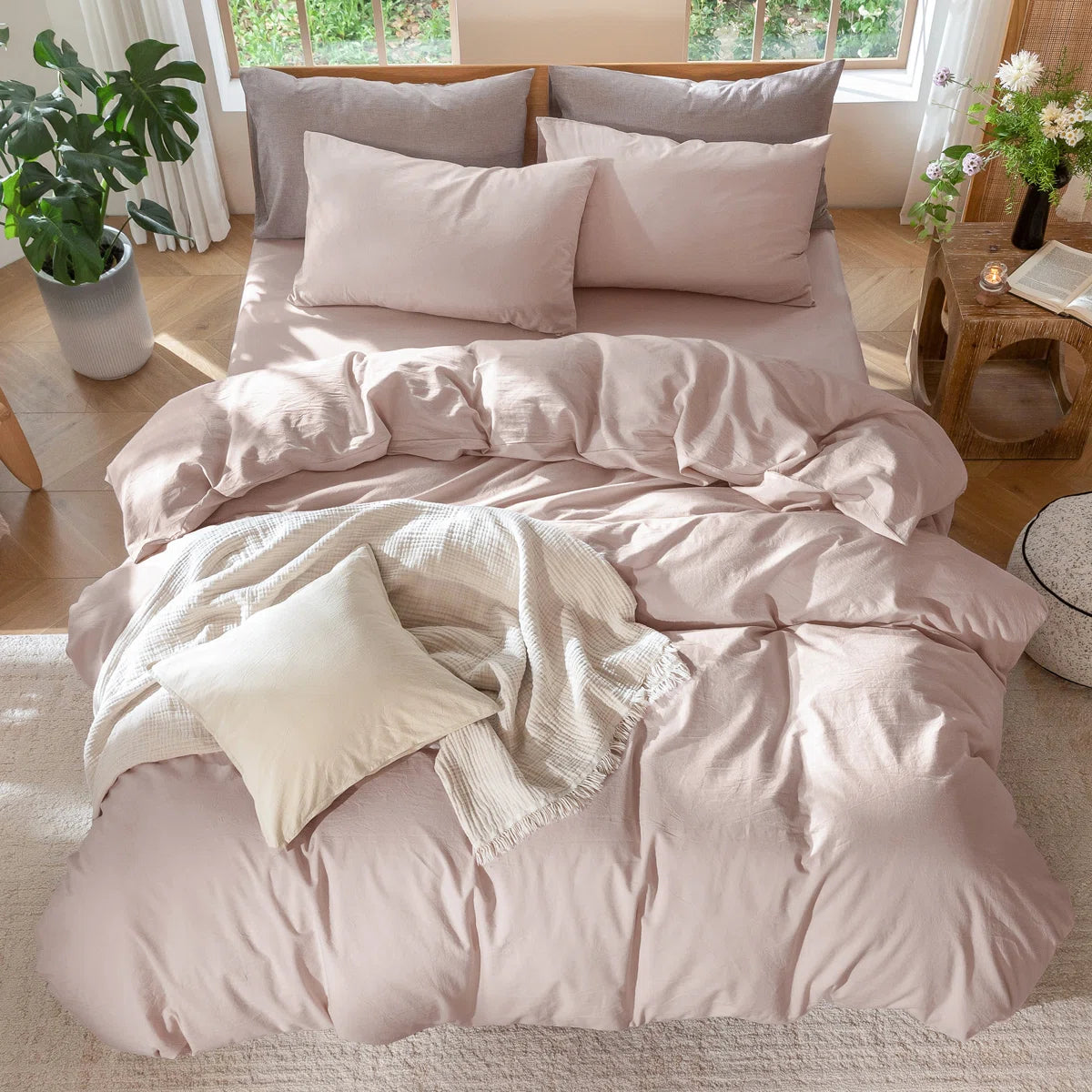 Duvet Cover Set 100% Washed Cotton Linen Like Textured Lightweight